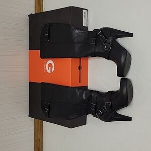 Guess Theorry black leather platform boots sz 7 4.5" heel,  3/4" platform